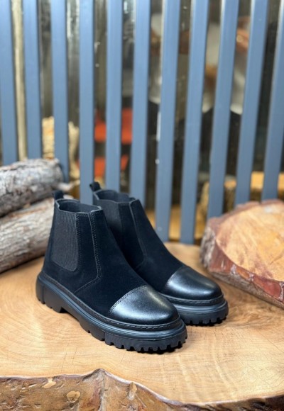 2025 ZRA  CHELSEA SİYAH  SÜET  BANDAJLI ÖNÜ DERİ EVA  BOT  - SİYAH SÜET BOT