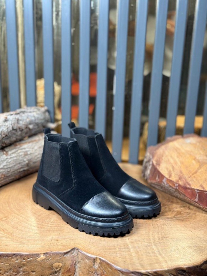 2025 ZRA  CHELSEA SİYAH  SÜET  BANDAJLI ÖNÜ DERİ EVA  BOT  - SİYAH SÜET BOT