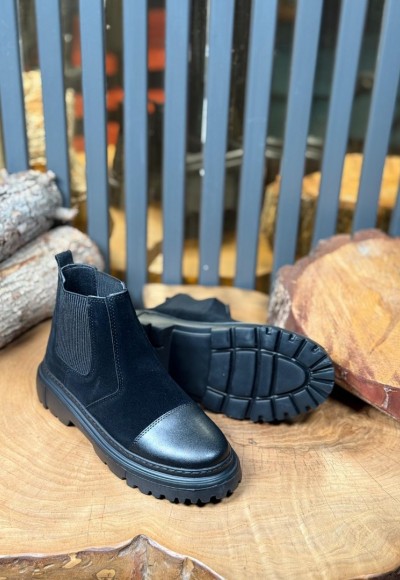 2025 ZRA  CHELSEA SİYAH  SÜET  BANDAJLI ÖNÜ DERİ EVA  BOT  - SİYAH SÜET BOT