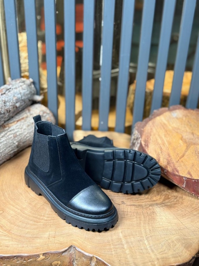 2025 ZRA  CHELSEA SİYAH  SÜET  BANDAJLI ÖNÜ DERİ EVA  BOT  - SİYAH SÜET BOT