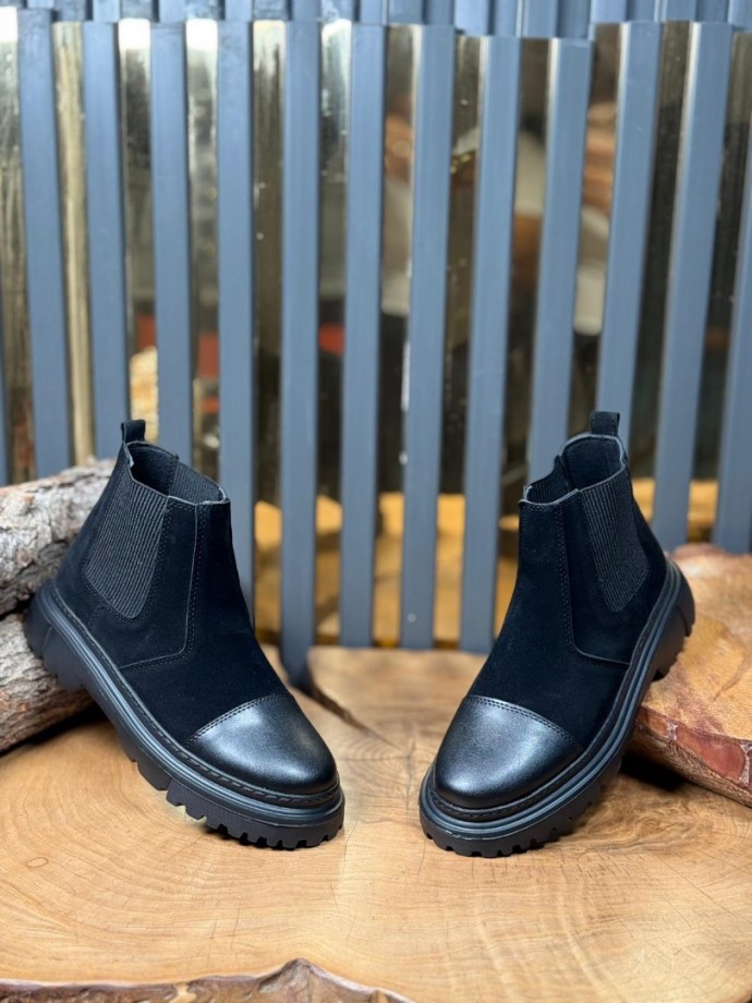 2025 ZRA  CHELSEA SİYAH  SÜET  BANDAJLI ÖNÜ DERİ EVA  BOT  - SİYAH SÜET BOT