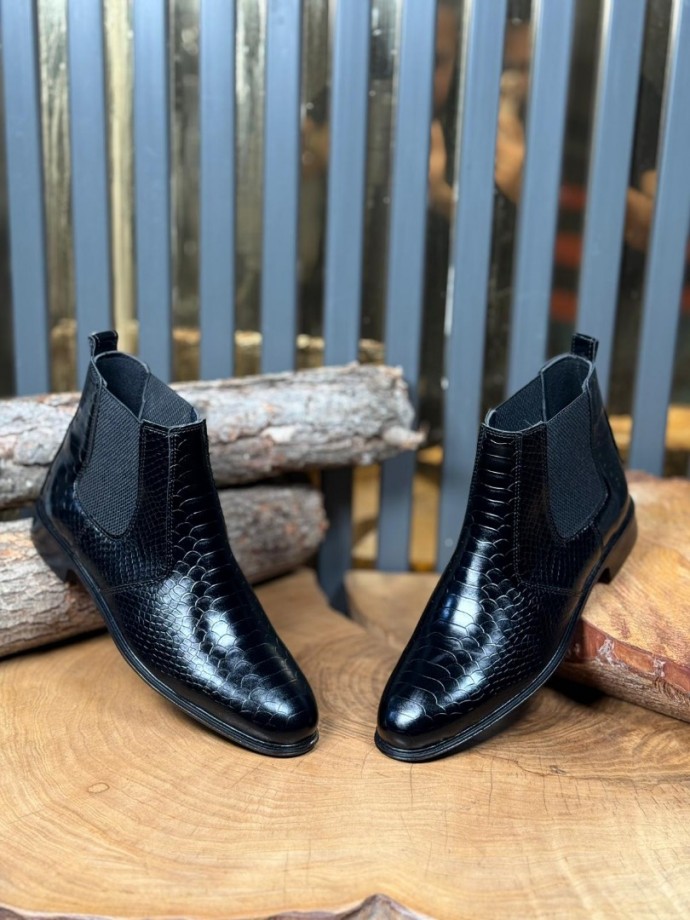 2025 PRD İTALYAN SİYAH KROKAN DERİ BANDAJLI BOT  - SİYAH KROKAN DERİ BOT