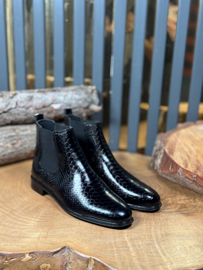 2025 PRD İTALYAN SİYAH KROKAN DERİ BANDAJLI BOT  - SİYAH KROKAN DERİ BOT