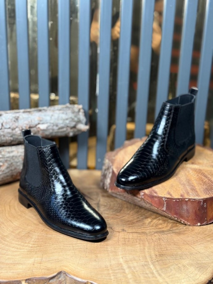 2025 PRD İTALYAN SİYAH KROKAN DERİ BANDAJLI BOT  - SİYAH KROKAN DERİ BOT