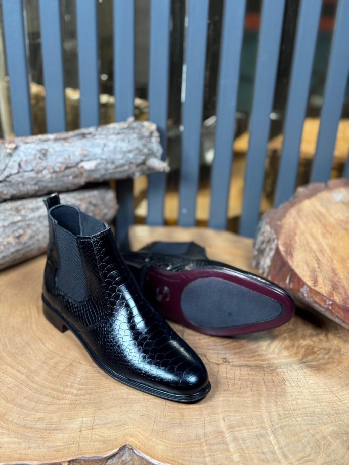 2025 PRD İTALYAN SİYAH KROKAN DERİ BANDAJLI BOT  - SİYAH KROKAN DERİ BOT